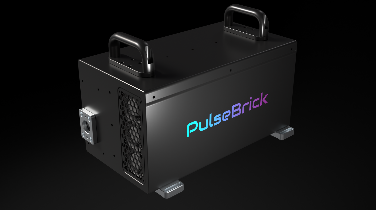 PulseBrick laser enclosure with cyan-to-purple wordmark, shown in the existing DIY-Optics studio render